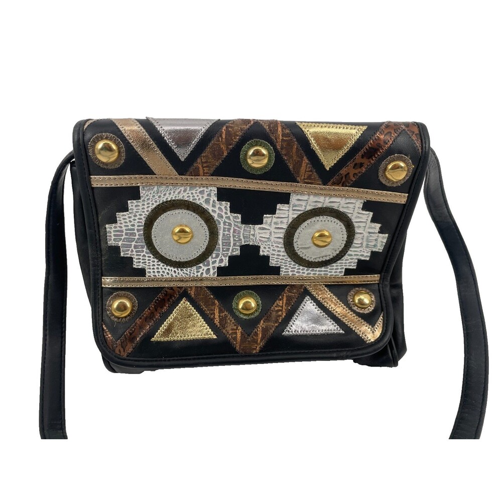 VTG Retro 80s Metallic Embellished Shoulder Bag Patchwork Bronze Gold